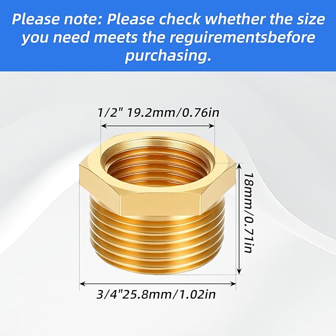 4pcs Brass Reducer Hex Bushing, 3/4" NPT Male to 1/2" NPT Female Heavy Duty Threaded Pipe Air Hose Fitting Reducer Adapter for Plumbing Gas Hydraulic Systems