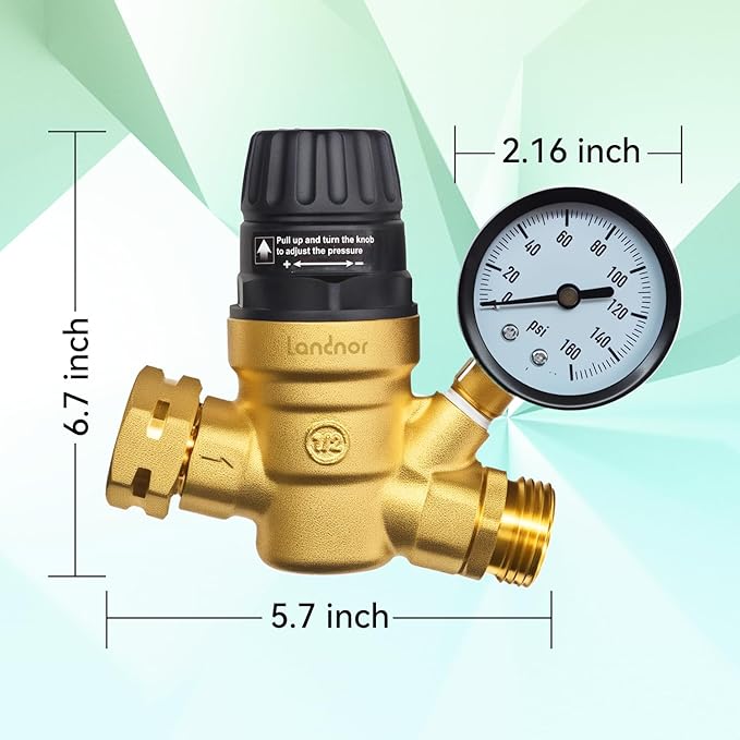 RV Water Pressure Regulator Valve With An Adjustable Knob, NO Tool Required, Brass Lead-Free Water Pressure Reducer with Gauge and Inlet Screen Filter for RV Camper Travel Trailer