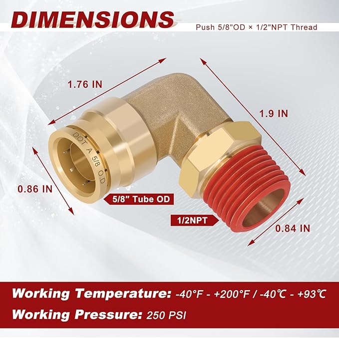 5/8" Quick Push to Connect Fittings Brass 90 Degree Union Swivel Elbow Joint DOT Approved 5/8" Tube OD x 1/2" NPT Thread Air Brake Line Adapter Air Suspension Kit for Car Truck Trailers 2pcs