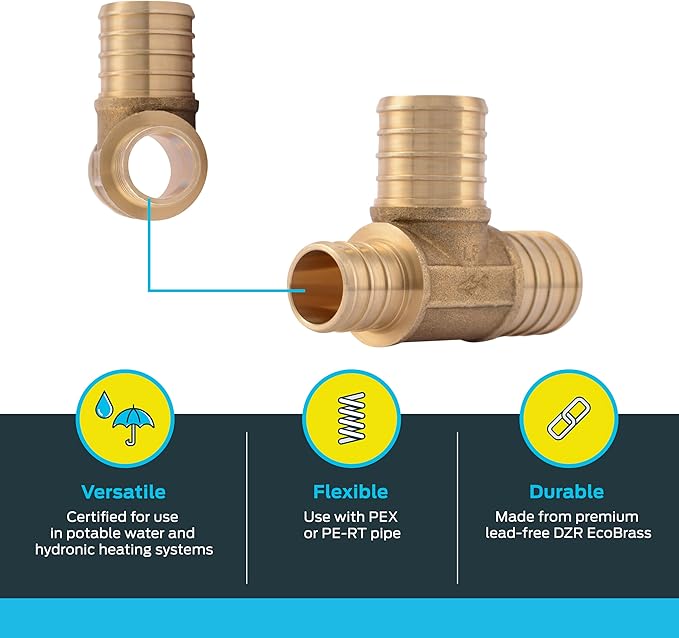 SharkBite 1 x 3/4 x 1 Inch Crimp Reducing Tee, Brass Plumbing Fitting, PEX Pipe, PE-RT, UC418LFA