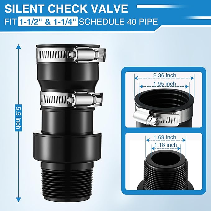 Tellingyou Sump Pump Check Valve Fits 1-1/2" or 1-1/4" Pipe, Check Valves with 2PCS Stainless Steel Hose Clamps, Spring Loaded Flapper for Sump Pump Life Expectancy Increase, Backflow Prevention