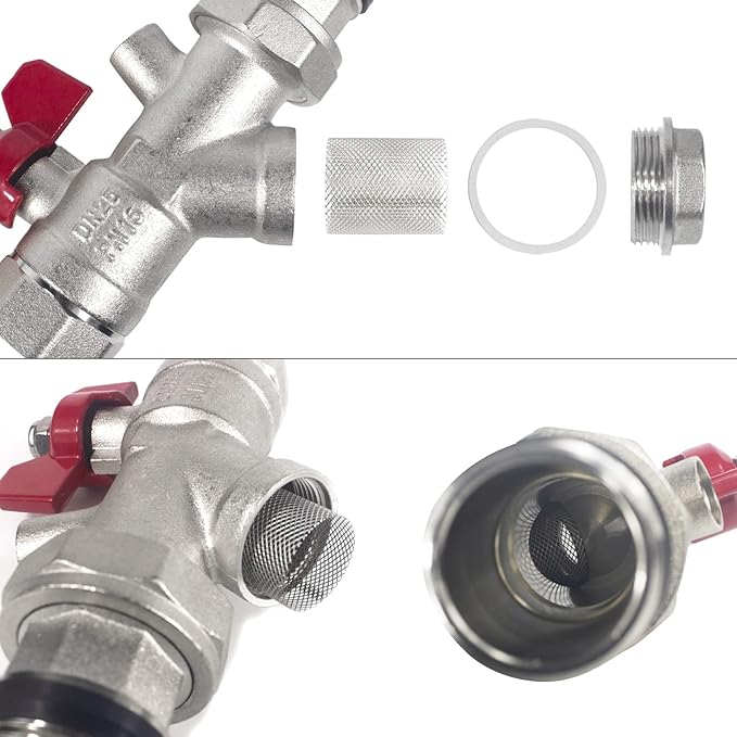 WiseWater 1'' NPT Stainless Steel Ball Valve with Strainer Mesh Filter, PEX Manifold Ball Valve with 2.48'' Hot Water Thermometer and Pressure Gauge for Radiant Floor Heat PEX Manifold Loops