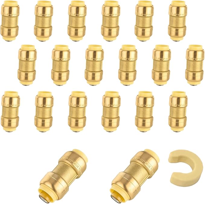 20-Pack Niikappu Push Fit Fittings, 1 Inch x 1 Inch Brass Plumbing Fittings to Connect PEX, Copper, CPVC, Brass Straight Coupling With Disconnect Clip