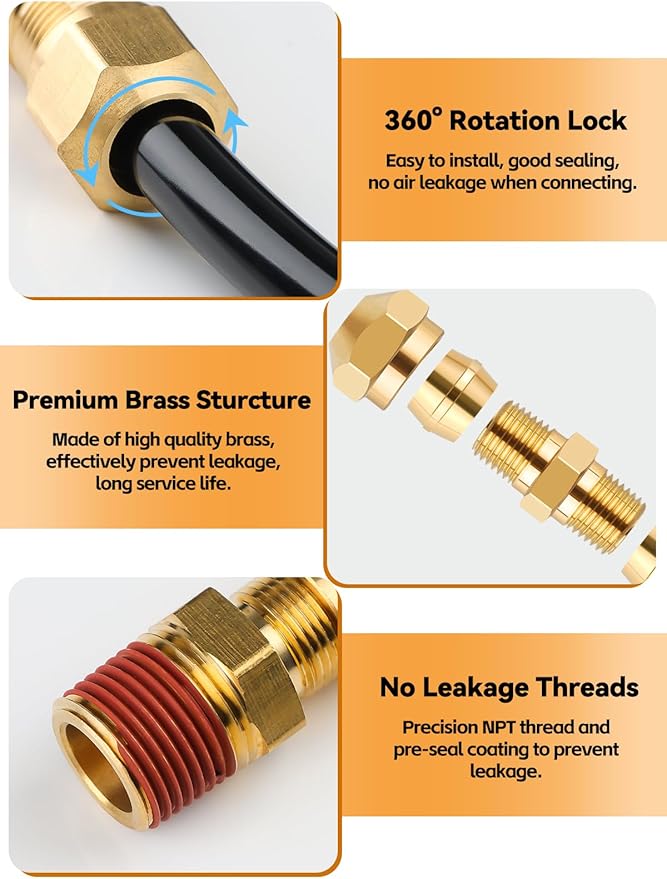 100PCS Brass DOT Air Line Fittings, Kalolary NPT Brass Hose Fitting for 1/4" 1/8" 3/8" 1/2" Push To Connect Fittings with NPT Threads Brake Line Fitting Repair Kit for Industrial Air System