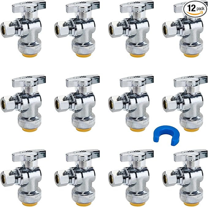 SUNGATOR 12-Pack Angle Stop Valve, Angle Water Shut Off Valve 1/2 x 3/8 Inch Compression, Toilet Water Shutoff, 1/4 Turn, No Lead Brass Push-to-Connect Plumbing Fittings for PEX Pipe, Copper, CPVC