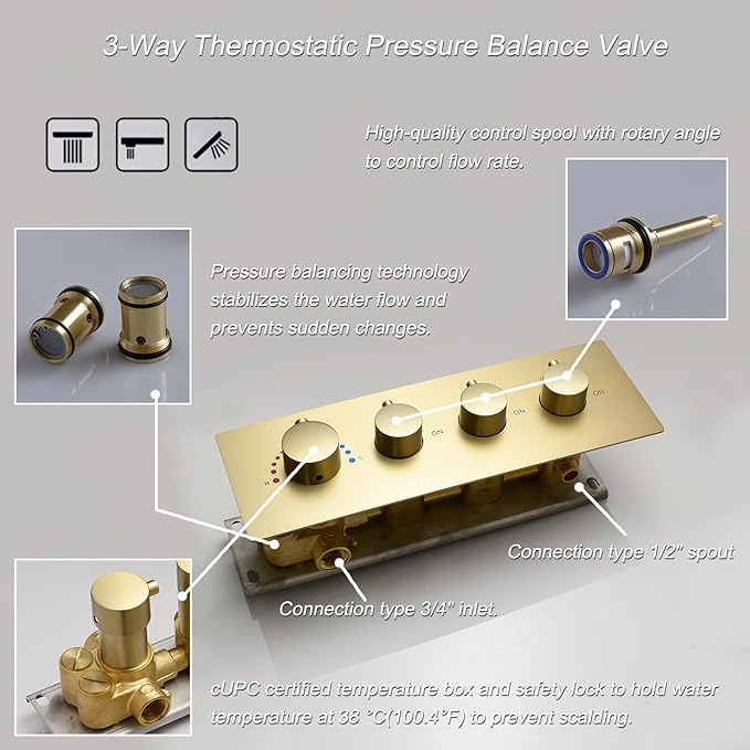Thermostatic Shower Valve Concealed Mount, Pressure Balancing Brass Shower Mixing Valve Water Flow Can Control, Brushed Gold