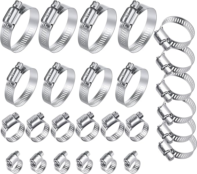 26PCS Stainless Steel Hose Clamps Assortment Kit, 1/4-2 in (6-51 mm) Adjustable Worm Gear Pipe Hose Clamp for Fuel Line, Plumbing, Automotive, Garden, Tube, Radiator, Mechanical Applications