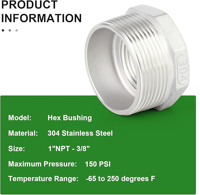 TAISHER 5PCS 304 Stainless Steel Reducer Hex Bushing, 1" NPT Male x 3/8" NPT Female, Reducing Pipe Adapter Fitting