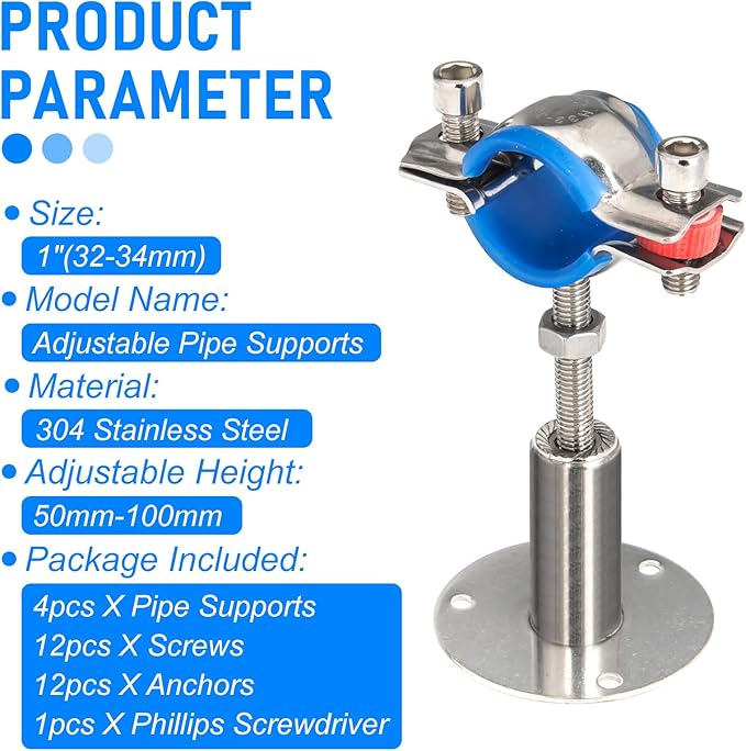 Kodilin 4PCS 304 Stainless Steel Wall Mount Ceiling Mount Pipe Supports,Suitable for OD Pipe 1"(32-34mm),Adjustable Height 50-100mm,Adjustable Pipe Strap Clamp with Screws