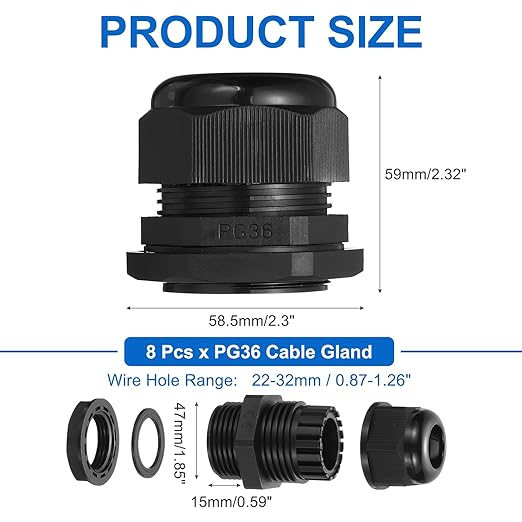 MECCANIXITY 8 Pcs PG36 Cable Gland, 22-32mm Wire Hole Strain Relief Joint for Cable Fixing, Wiring, Repairing, Gland Replacement, Electrical Appliances, Black