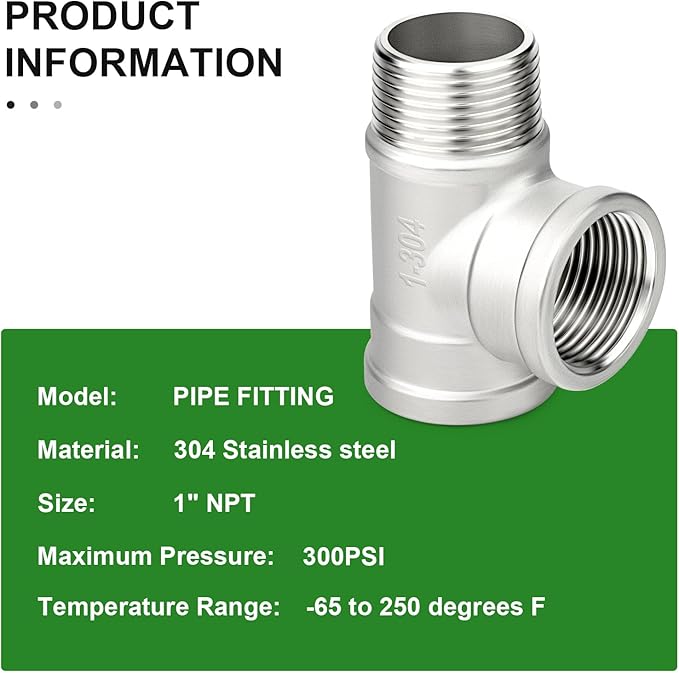 TAISHER 2PCS 304 Stainless Steel Tee Pipe Fittings, 1" NPT Female x 1" NPT Female x 1" NPT Male Pipe Fittings, Male Run Tee