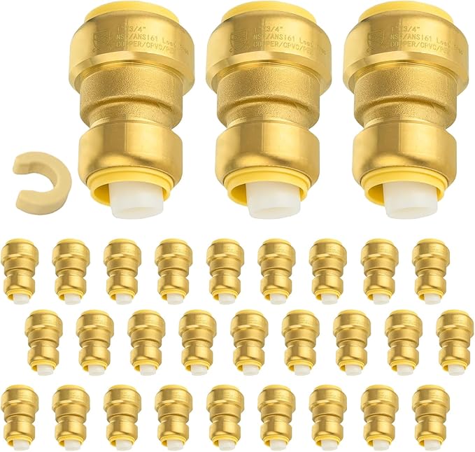 (Pack of 30) Niikappu 1" x 3/4" Reducing Coupling Brass Fittings, Push-to-Connect Plumbing Fitting for Pex, Copper, CPVC, Includes Removal Clip (PF144-30Pack)(PF144-30Pack)