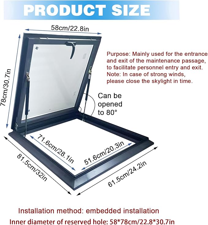 Skylight Roof Window, Tempered Glass Skylight Cover, Aluminum Alloy Frame & Hydraulic Rod, Egress Roof Window with Double-Layer Tempered Glass, for Roof, Attic, Basement, Sun Room(22.8*30.7in/58*78cm)