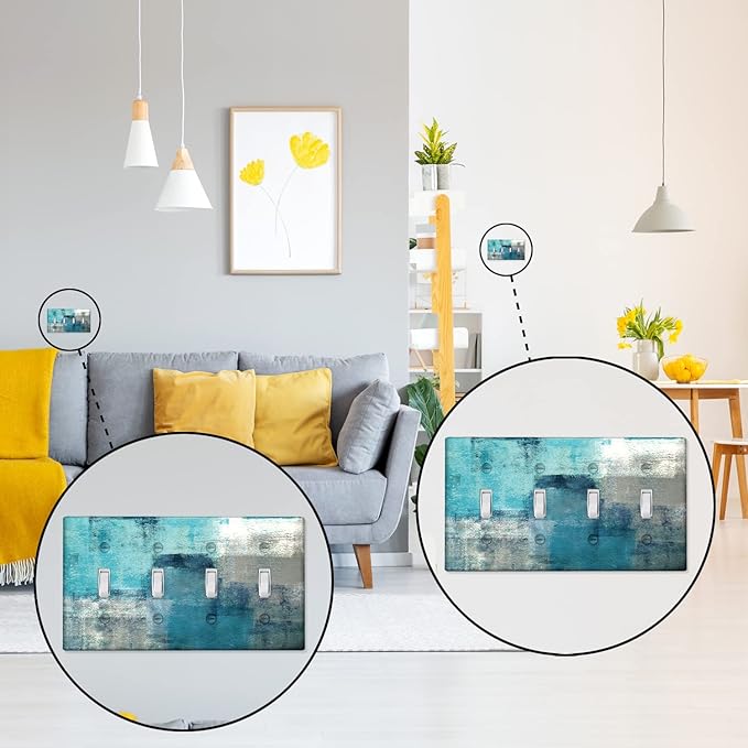 Turquoise Grey Light Switch Cover 4 Gang Toggle Decorative Wall Switch Plates Abstract Art Wallplates Outlets Cover for Kitchen Bedroom Decor