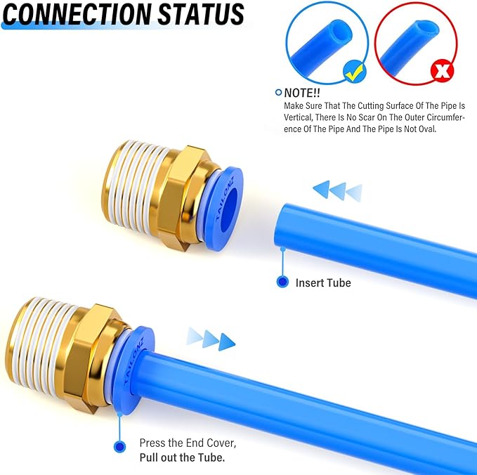 TAILONZ PNEUMATIC Blue Straight 8mm Tube OD x 3/8 Inch G Thread Push to Connect Fittings PC8-03 (Pack of 10)