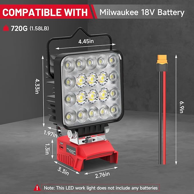 New Upgrade Azocek LED Work Light Compatible with Mil-wau-kee 18V Battery, 60W 6000LM Flashlight, 18V Battery Cordless Work Light with Low Voltage Protection & Dual USB & Type-C Charging Port (60W)