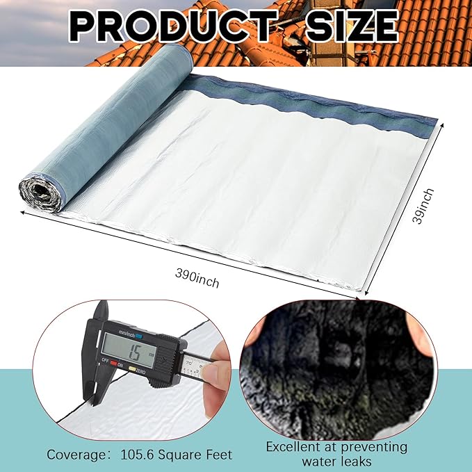 Synthetic Waterproof Roof Underlayment Roll-39 x 390 inch Self-Adhesive Waterproofing Membrane | Easy-Peel Stick & Seal for Flat Roofs, Sheds, RV, Metal & Sloped Roofs | Longlasting Leak Protection