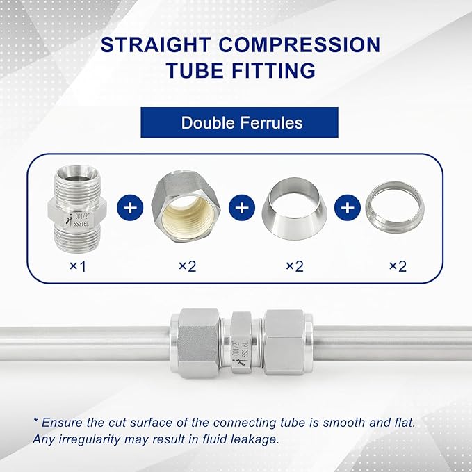 316 Stainless Steel Compression Tube Fitting 8mm OD x 8mm OD Straight Union Adapter Connector with Double Ferrules for Oil, Chemical, and Natural Gas Connections