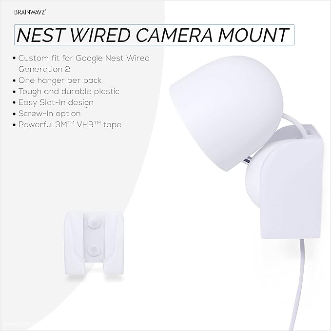 Wall Mount for Google Nest Wired 2nd Generation Security Camera - Adhesive & Screw-in, Easy Slot-in Design (White) by Brainwavz