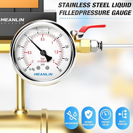 MEANLIN MEASURE -30inHG~30Psi Stainless Steel 1/4" NPT 2.5" FACE DIAL,Vacuum Pressure Gauge,Center Back Mount, with 1/4" x 1/2" NPT and 1/4" x 3/8" NPT Hex Bushing