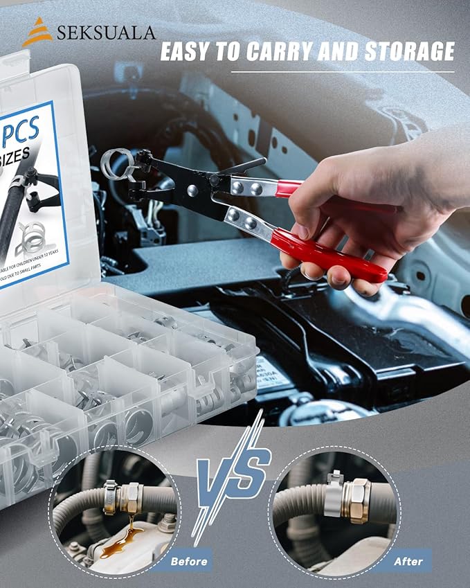 120Pcs 1/4" to 1" (6-25mm) Spring Band Hose Clamps Assortment Kit with Swivel Flat Hose Clamp Plier, SEKSUALA Constant Tension Steel Clamps for Fuel Lines, Silicone,Vacuum Hoses (Grey)