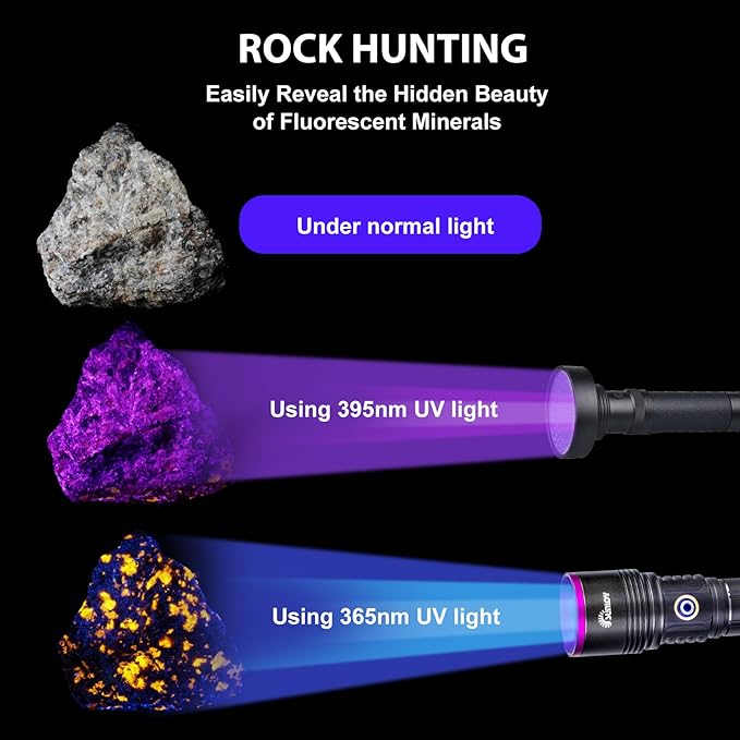UV01 365nm UV Flashlight Black Light, 2 Pack Rechargeable Blacklight Flashlights, Powerful Handheld UV Light for Pet Urine Detection, Rock Hunting, Blood Tracking, Resin Curing, A/C Leak