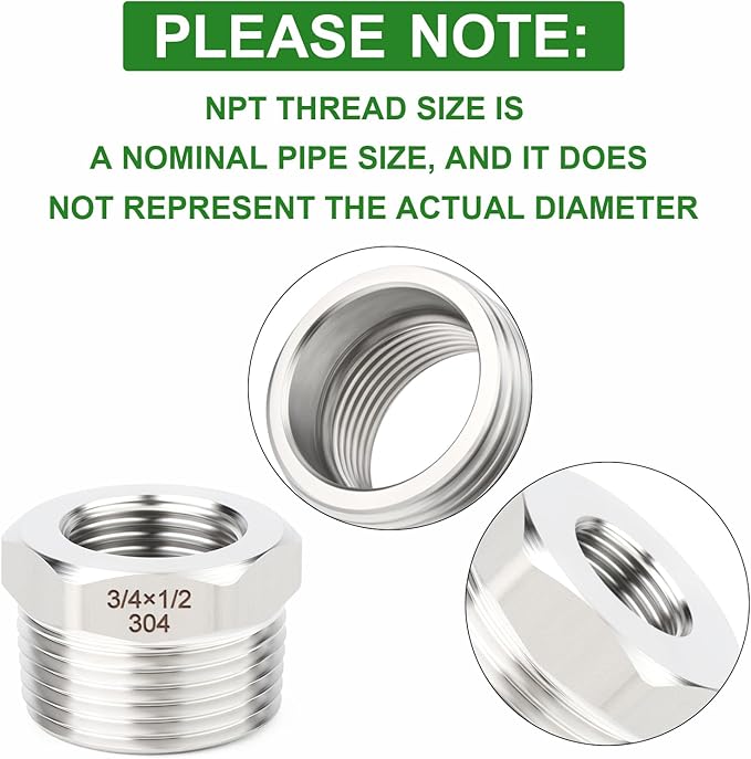 TAISHER 5PCS 304 Stainless Steel New Reducer Hex Bushing, 3/4" NPT Male x 1/2" NPT Female, Reducing Pipe Adapter Fitting