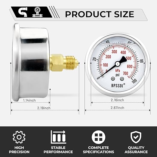 0-100Psi Glycerin Liquid Filled Low Pressure Gauge, 2.5" Dial Size, 1/4" NPT Back Mount, 304 Stainless Steel Case, for Water Pipe, HVAC, Water Oil Air Pressure Test