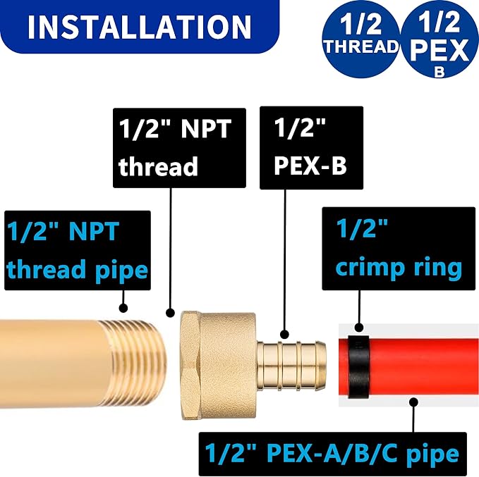 (10 Pack) Lidertik PEX Fittings 1/2 inch Female Adapter, 1/2" PEX-B x 1/2" NPT Female Threaded Adapter Brass LI-APXFA1212a(10 Pieces)