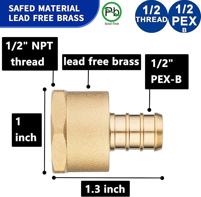 (10 Pack) Lidertik PEX Fittings 1/2 inch Female Adapter, 1/2" PEX-B x 1/2" NPT Female Threaded Adapter Brass LI-APXFA1212a(10 Pieces)