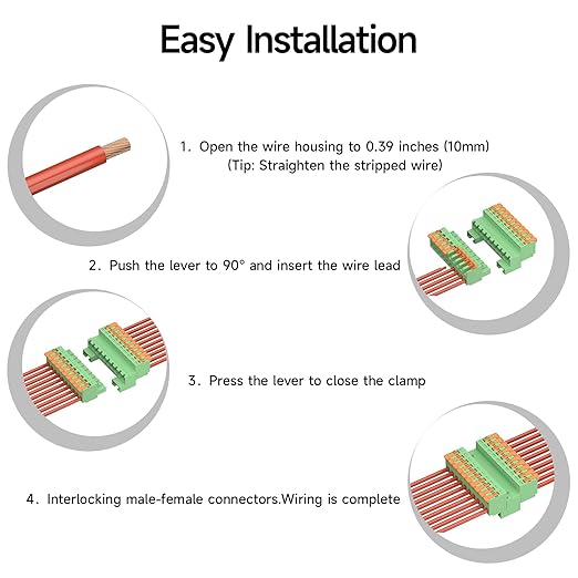 2Pcs DIN Rail Terminal Blocks, 10P Lever Wire Connectors for AWG 24-12, 300V 15A, 40Pcs Wire Ferrules Terminals & 4.72 Inch DIN Rail Included,CE