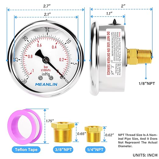 MEANLIN MEASURE -30inHG~0Psi Stainless Steel 1/8" NPT 2.5" FACE DIAL Vacuum Pressure Gauge, Center Back Mount, with 1/4" NPT and 3/8" NPT Hex Bushing