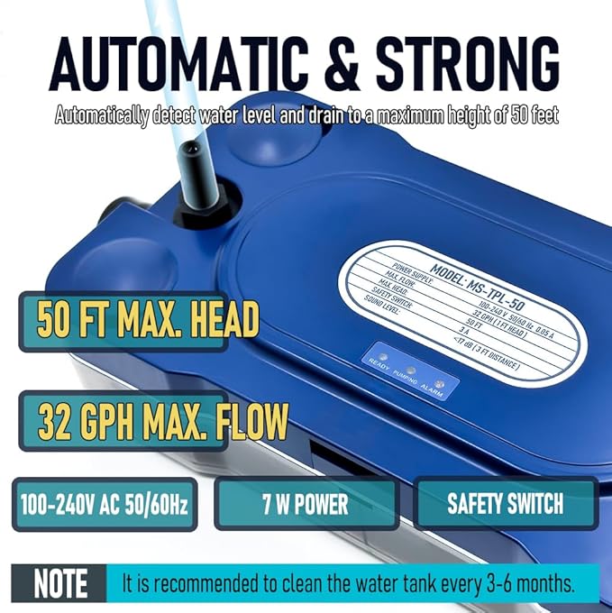 50 FT Lift 32 GPH HVAC Condensate Pump, 115V/230V Ultra Quiet (＜17dB) AC Condensation Removal Pump with Automatic Safety Switch for Air Conditioner, Furnace, Dehumidifier, Ice Maker