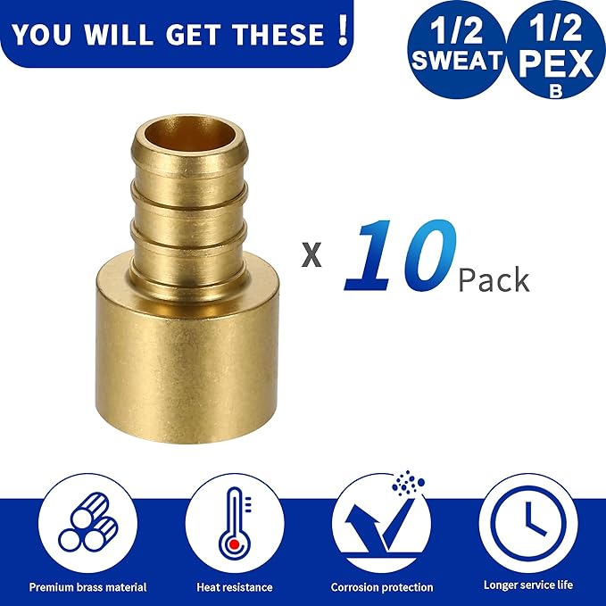 (10 Pack) Lidertik Copper to Pex Fittings 1/2 inch, 1/2" Pex F1807 x 1/2" Female Sweat Adapter Brass