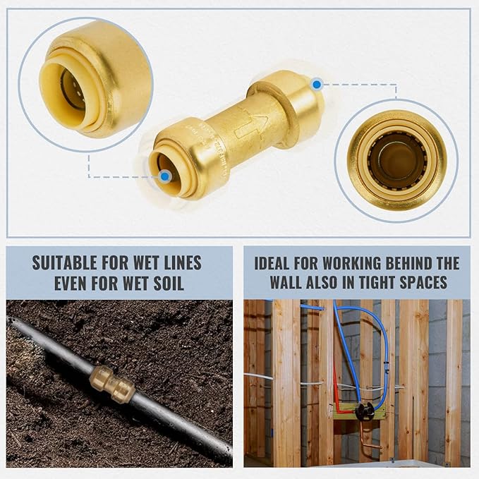 SUNGATOR Check Valve, 1/2 Inch Push-to-Connect, 2-Pack Push Fit Plumbing Fittings with Disconnect Clip, No Lead Brass PEX Fittings for Copper, PE-RT, CPVC Pipe
