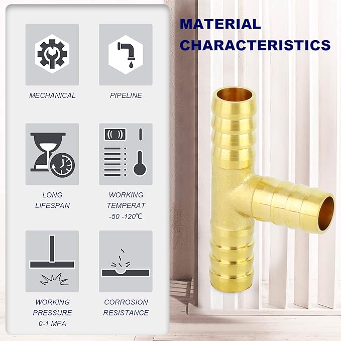 ChillWaves Brass Hose Barb Fittings, Tee 3 way Union Intersection/Splitter Fitting 5/8" Barb x 5/8" Barb x 5/8" Barb For Water/Fuel/Air(6-PACK)