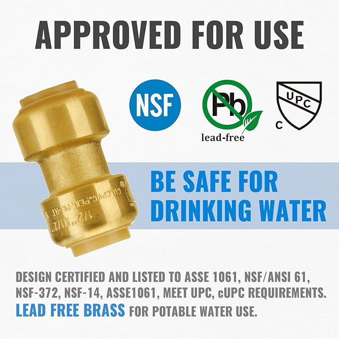 SUNGATOR 1/2 Inch Coupling, Push Pex Coupling 1/2 Inch, No Lead Brass Push-to-Connect Plumbing Fittings for Pex Pipe, Copper, CPVC, with 1 Disconnect Clip, Pack of 6