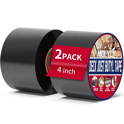 Butyl Joist Tape for Decking 4''×50', 2 Rolls Weather-Resistant Deck Joist Tape 4 inch, Waterproof and Anti-Corrosion Joists Deck Tape,Self-Adhesive Flashing Joists Tape for Wood Decks Beams Roof