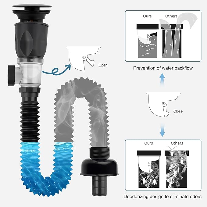 iFealClear Bathroom Sink Drain Kit, Flexible P-Trap Drain Pipe with Pop Up Stopper, Sink Pipe Replacement with 2 Adapters, Fits 1-1/4'', 1-1/2'', 2" Holes, Big Cover Cap, Brass Bounce Core, Black