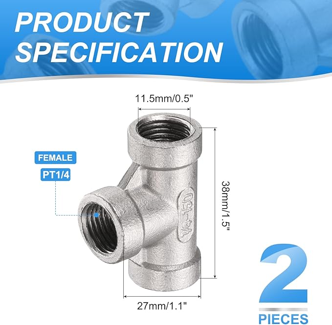 uxcell 2 Pcs 304 Stainless Steel Tee Pipe Fittings G1/4" Female Tee Adapter 3 Way t Shaped Cast Pipe Fitting Connector with Seal Tape for Plumbing Drainage Pipes Heating Systems