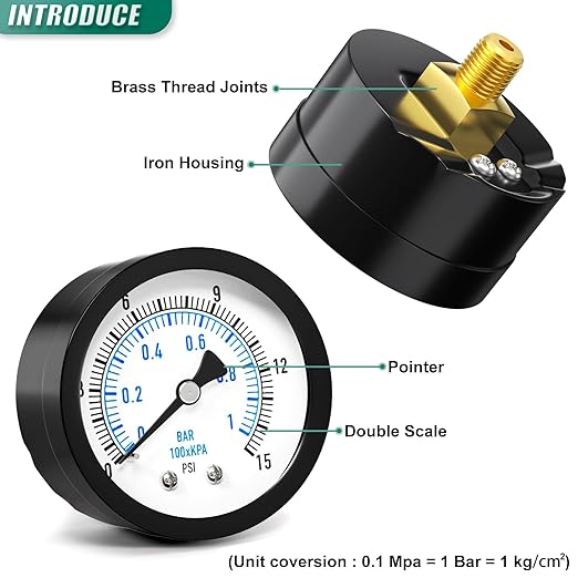0-15PSI Well Pump Pressure Gauge 2" Dial Size, 1/8" NPT Back Mount, 3-2-3% Accuracy, for Tube, Water Pump, Gas, Liquid, Pressure Test