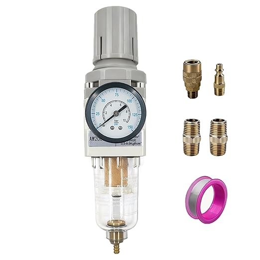 XingNEeng 1/4" NPT Compressed Air Filter Regulator Lubricator Combo, Water/Oil Trap Separator, Gauge(0-150 psi), Semi-Auto Drain, Poly Bowl, 5 Micron Brass Element, Bracket, for Pneumatic Systems