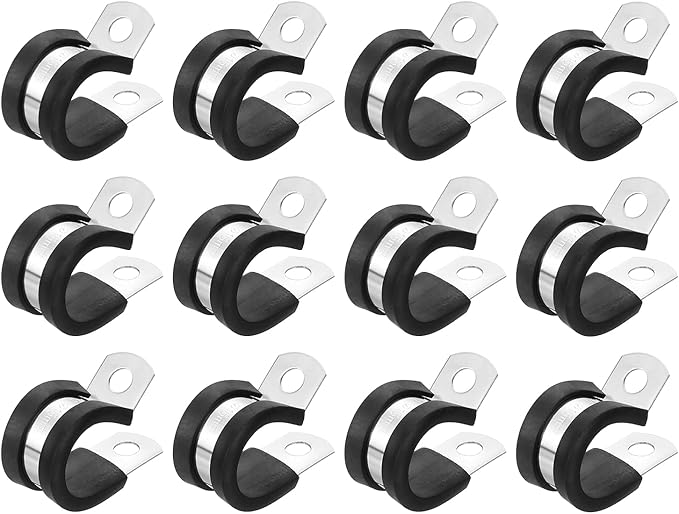 uxcell 5/8"(16mm) Cable Clamp, 304 Stainless Steel Rubber Cushioned Insulated R Shape Metal Clamp Tube Holder for Pipe Hose Wire Cord Installation 12Pcs