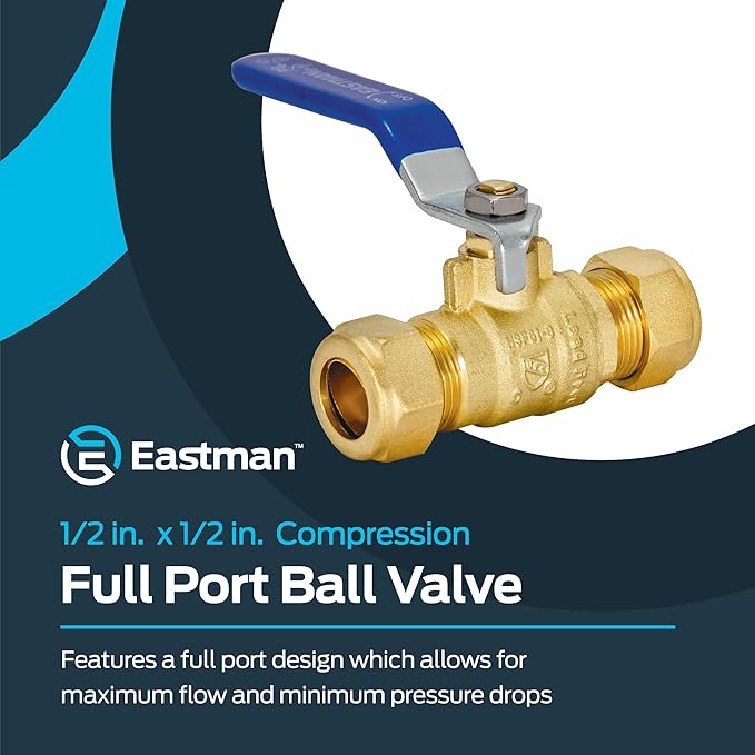 Eastman 1/2 Inch Compression Heavy Duty Full Port Ball Valve, Brass Plumbing Fitting, 20096LF