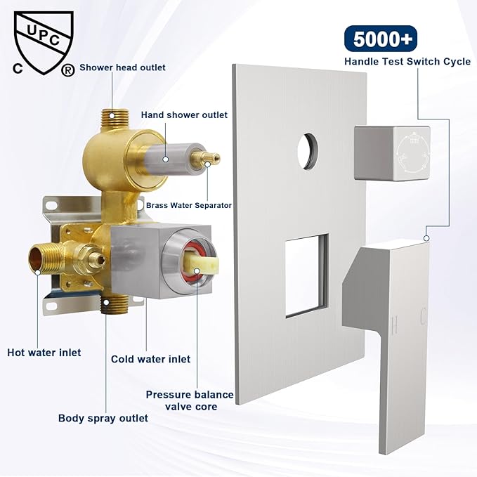 Drettyer Brushed Nickel Solid Brass 3 Way Outlet Function Shower Diverter Valve Pressure Balancing Mixer Shower Valve Kit Replacement
