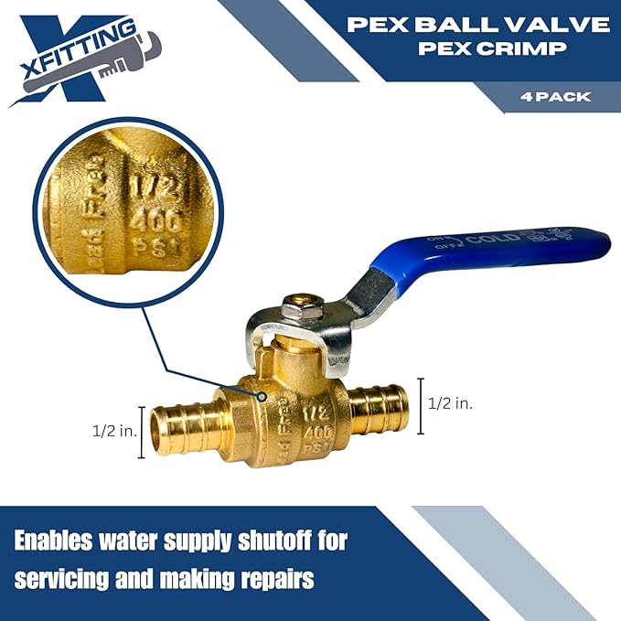 XFITTING 100 pieces 1/2" Pex Ball Valve Hot & Cold, 24-2-1&2=100X (100 Packs)