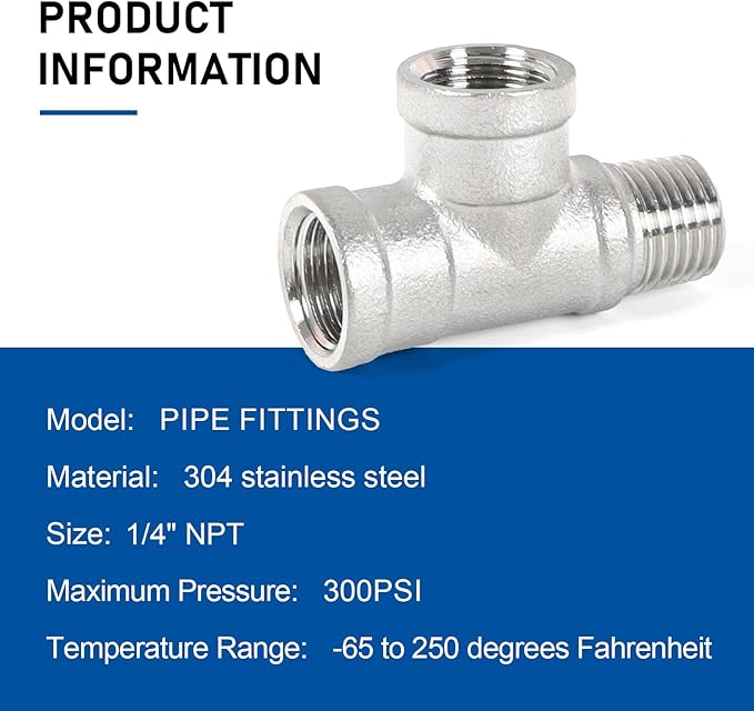 Kodilin Pipe Fittings 304 Stainless Steel Tee Pipe Fittings, Male Run Tee 1/4" NPT Female x 1/4" NPT Female x 1/4" NPT Male Thread Adapter - 4PCS