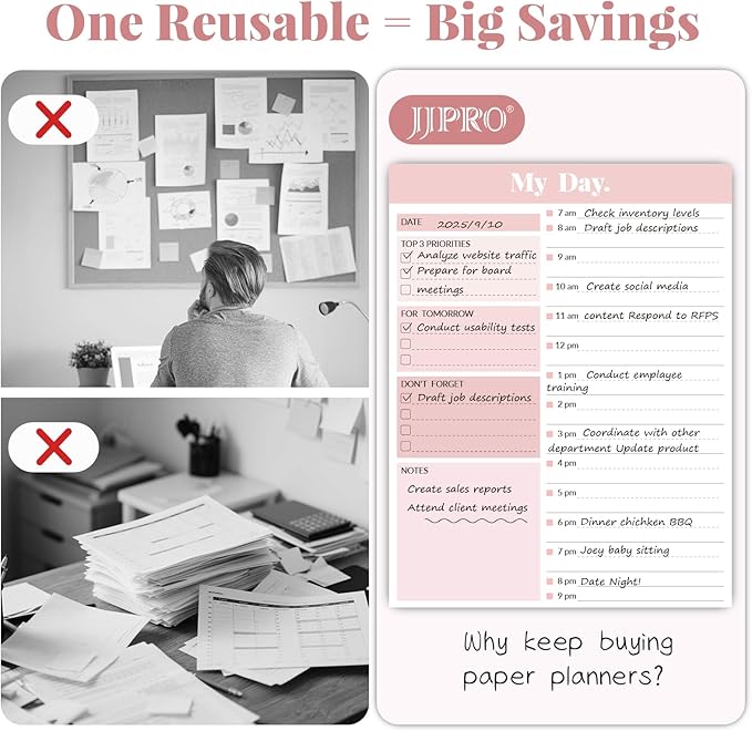 JJPRO Reusable Desktop Daily Planner with Stand,Hourly Dry Erase Board,11"x8.5"Schedule Board,Dry Erase Time Schedule with Time Slots, Desk Hourly Dry Erase Board w/Engineered Wood Stand-Pink