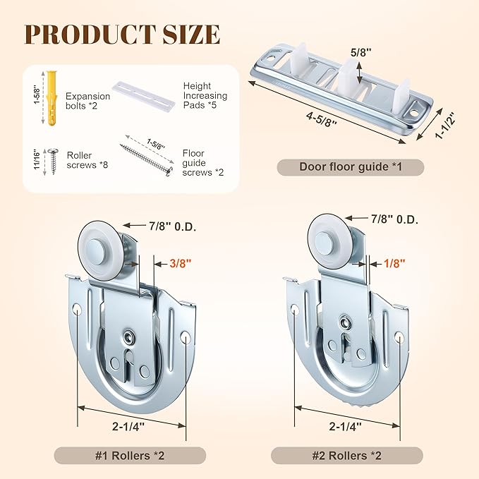 Feekoon 6 Pcs Sliding Closet Door Hardware Kit, Closet Door Rollers with Adjustable Floor Guide & Heightening Pads, Wardrobe Rollers Replacement for 3/4" to 1-3/8" Thick Top Hung(Semicircle)