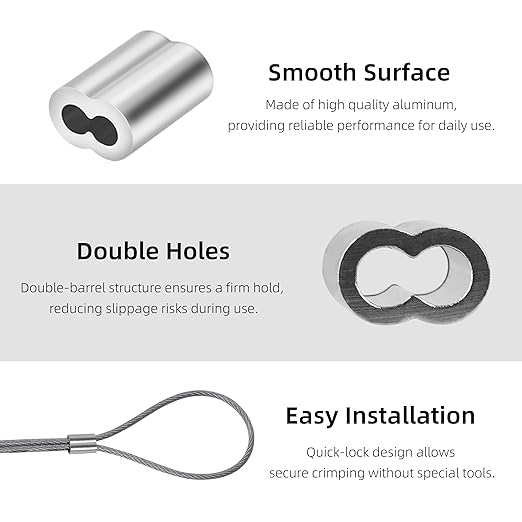 1/8" (100 PCS) Aluminum Wire Rope Sleeves, Crimping Loop Sleeve for 3mm Diameter Cable and Wire Rope, Double Barrel Crimp Sleeves Cable Ferrule for DIY, Fishing, Home & Crafts